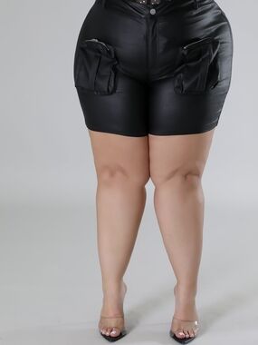 Plus Size Black Faux Leather Cargo Shorts
